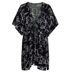 Time‎ and Tru Ruched Tie-Front Kimono Top S/M Black White Floral New NWT